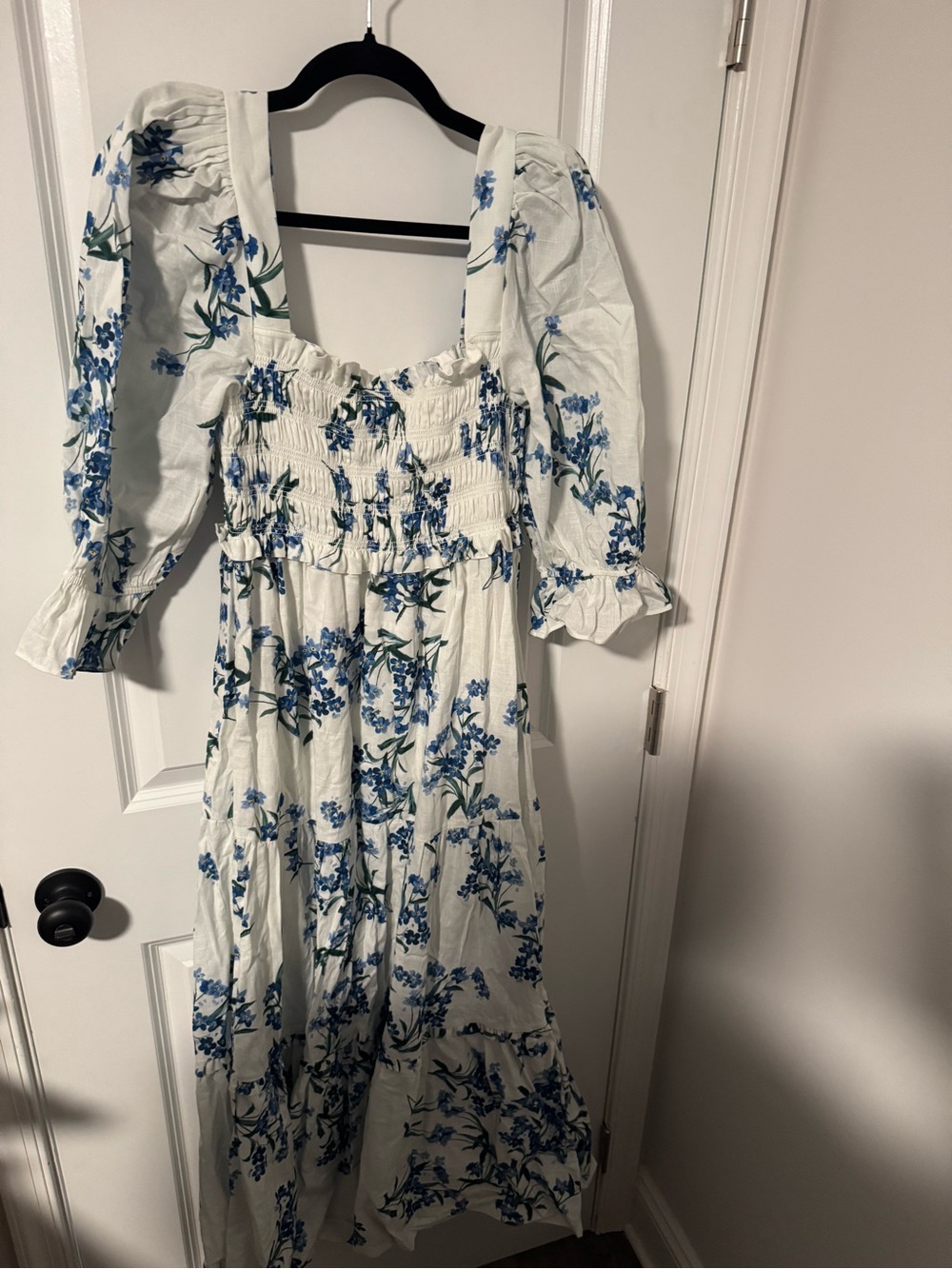 Smocked Floral Midi Dress - Blue Floral